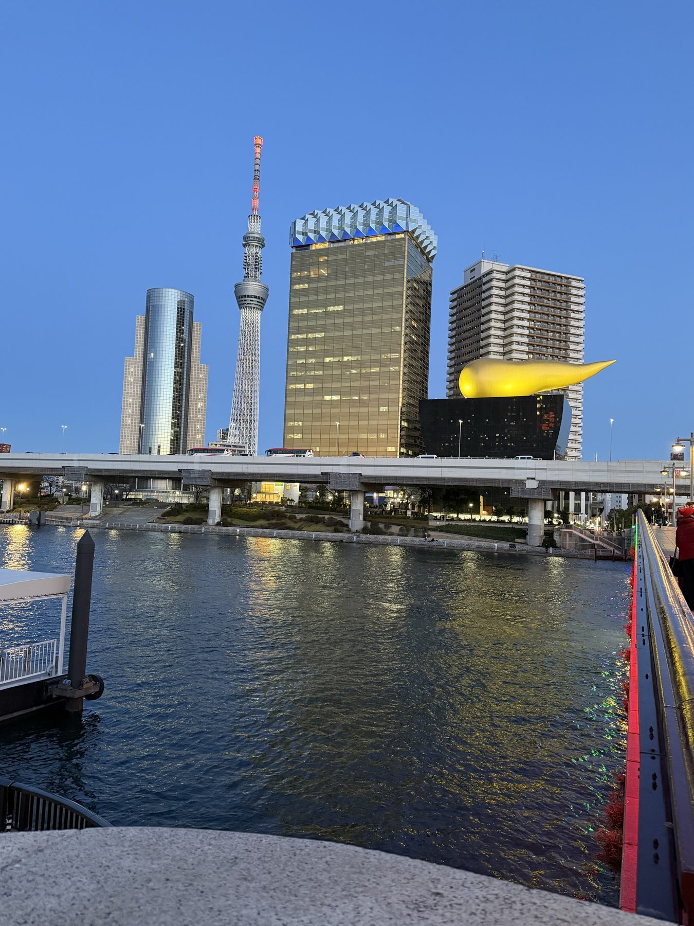 Rive de Tokyo avec la Skytree au loin