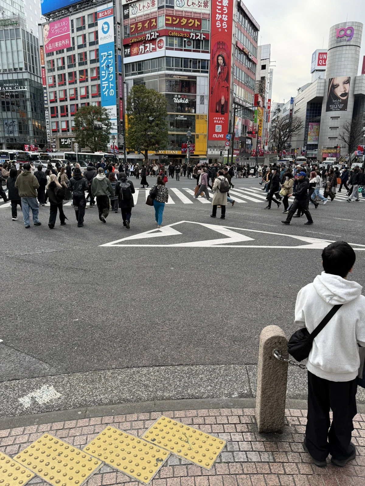 Passages piétons et foule au carrefour de Shibuya, au pied des façades commerçantes.
